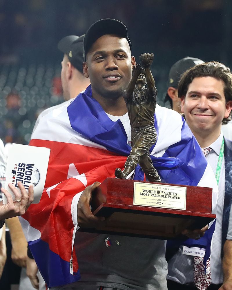 110221 HOUSTON: The MVP Jorge Soler holds his trophy after beating the Astros in game 6 to win the World Series on Tuesday, Nov. 2, 2021, in Houston.   “Curtis Compton / Curtis.Compton@ajc.com”