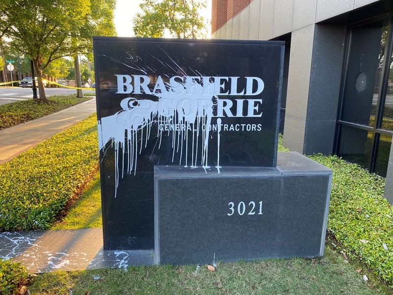 Paint was spattered on the sign of Brasfield & Gorrie's Alabama headquarters.