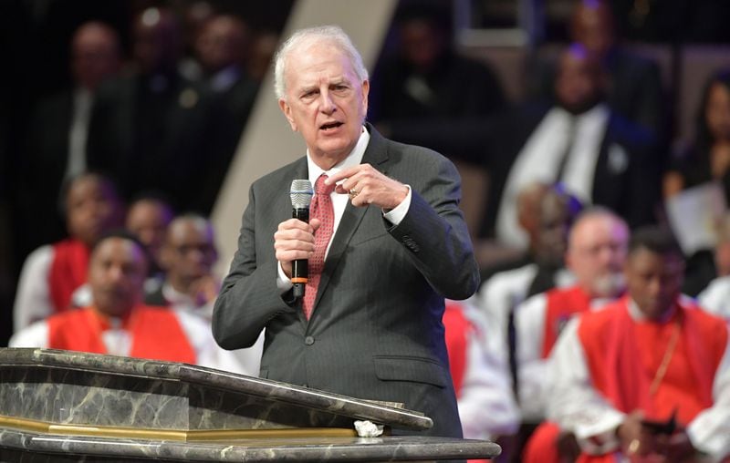 JANUARY 25, 2017  LITHONIA Former Georgia Governor Roy Barnes speaks during the Home-going services for Bishop Eddie Long, senior pastor, at New Birth Missionary Baptist Church, Wednesday, January 25, 2017. Bishop Long died January 15th, after a long-time fight with cancer. He was 63 years old.  Hyosub Shin/AJC