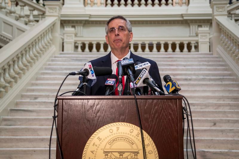 Georgia Secretary of State Brad Raffensperger makes remarks during an election update briefing at the Georgia State Capitol building in Atlanta, Friday, November 6, 2020. (Alyssa Pointer / AJC file photo)