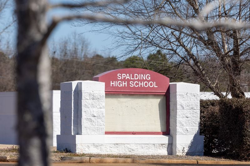 A view of a Spalding High School sign in Griffin on Monday, February 19, 2024. (Arvin Temkar / arvin.temkar@ajc.com)