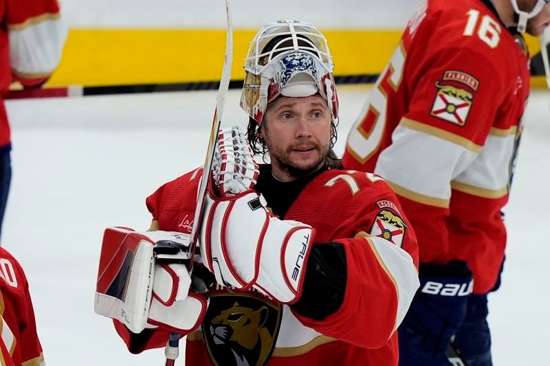 Florida Panthers goaltender Sergei Bobrovsky acknowledges the crowd after the Panthers defeated the Boston Bruins in Game 2 of a second-round series of the NHL hockey Stanley Cup playoffs Wednesday, May 8, 2024, in Sunrise, Fla. (AP Photo/Lynne Sladky)