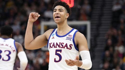 Quentin Grimes  of the Kansas Jayhawks reacts to a play against the Auburn Tigers during their game in the Second Round of the NCAA Basketball Tournament at Vivint Smart Home Arena on March 23, 2019 in Salt Lake City, Utah. (Photo by Patrick Smith/Getty Images)