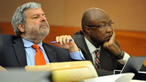 Don Samuel, left, and lawyer Richard Deane, listening to pretrial testimony in the Atlanta Public Schools test-cheating trial in 2015.