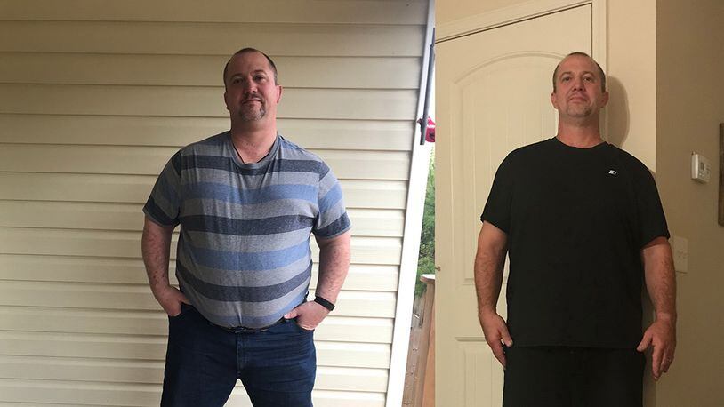 In the photo on the left, taken in March, Mark Nichols weighed 405 pounds. In the photo on the right, taken in September, he weighed 265 pounds. (Photos contributed by Mark Nichols)