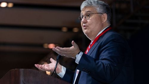David Shafer has had a rocky tenure since taking the reins as chair of the state Republican party. He is pictured speaking at the Georgia GOP convention at Jekyll Island on Saturday, June 5, 2021. (Nathan Posner for The Atlanta-Journal-Constitution)