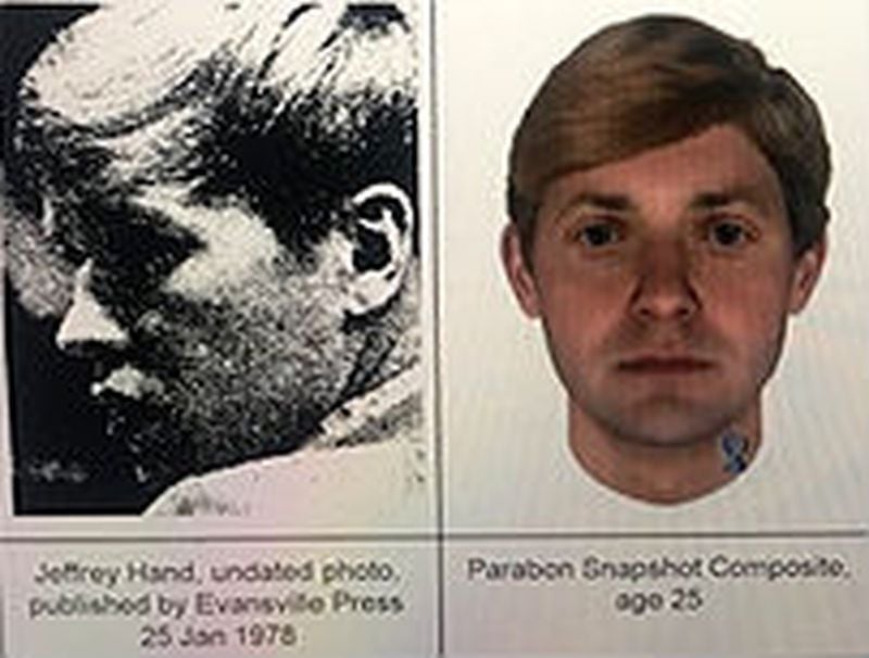 The DNA-based phenotype profile image of Pamela Milam's killer, at right, is seen side-by-side with an image of Jeffrey Lynn Hand from around the same time frame. Terre Haute Police Chief Shawn Keen announced Monday, May 6, 2019, that DNA evidence and familial genealogy has revealed Hand as the likely killer of Milam 46 years ago on the Indiana State University campus. Milam, 19, was last seen alive the night of Sept. 15, 1972, following a sorority event on campus. The ISU sophomore was found strangled, bound and gagged in the trunk of her car the following day by her family. Hand, who was 23 at the time of Milam’s slaying, killed a hitchhiker nine months later, but was found not guilty by reason of insanity and released in 1976. He was killed by police during a botched kidnapping two years later.