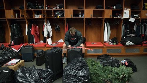 Atlanta Falcons guard Wes Schweitzer sits in the locker room at the team's practice facility, Tuesday, Feb. 7, 2017, in Flowery Branch, Ga. BRANDEN CAMP/SPECIAL