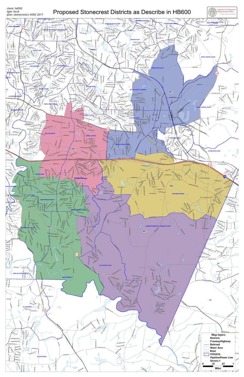 The proposed map for the city of Stonecrest's five districts, according to House Bill 600.