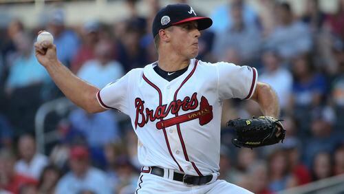 Atlanta Braves pitcher Lucas Sims works in the first inning of a baseball game against the Los Angeles Dodgers Tuesday, Aug. 1, 2017, in Atlanta. (AP Photo/John Bazemore)