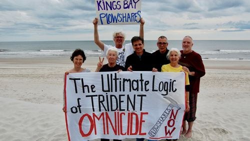 The Kings Bay Plowshares 7, a group of anti-nuclear war Catholic activists, pose for a photo before breaking into the naval base at Kings Bay in South Georgia on April 4, 2018. From left they are: Clare Grady, Elizabeth McAlister, Patrick ONeill, Carmen Trotta, Steve Kelly, Martha Hennessy and Mark Colville.