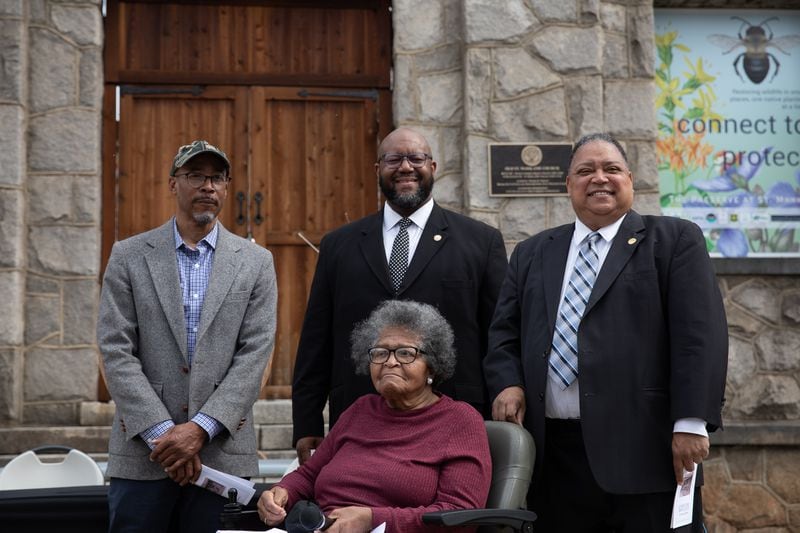 Winston Taylor, owner of the St. Mark AME Church, City Councilman Byron Amos, City Councilman Michael Julian Bond and community organizer Mamie Moore celebrate the landmark dedication of the building on Feb. 23, in Atlanta. (Riley Bunch/riley.bunch@ajc.com)