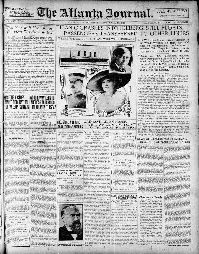The Atlanta Journal front page April 15, 1912.