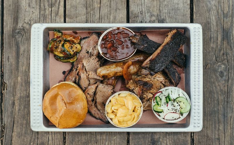 Korean influences go into what otherwise looks like a traditional tray of barbecue at Heirloom Market BBQ in Atlanta. MUST CREDIT: Jang Choe, Heirloom Market BBQ.