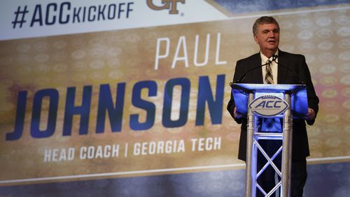 Georgia Tech head coach Paul Johnson speaks during a news conference at the Atlantic Coast Conference Football Kickoff in Charlotte, N.C., Thursday, July 21, 2016. (AP Photo/Chuck Burton)