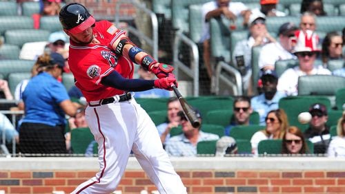 ATLANTA, GA - SEPTEMBER 10: Tyler Flowers #25 of the Atlanta Braves knocks in two runs with a third inning single against the Miami Marlins at SunTrust Park on September 10, 2017 in Atlanta, Georgia. (Photo by Scott Cunningham/Getty Images)