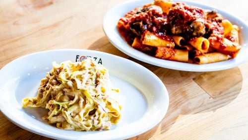 Pastas at Forza Storico include Papalina (left; creamy fettuccine tossed with fat slivers of prosciutto cotto) and Sugo di Coda (rigatoni in tomato sauce with bone-in oxtail). CONTRIBUTED BY HENRI HOLLIS