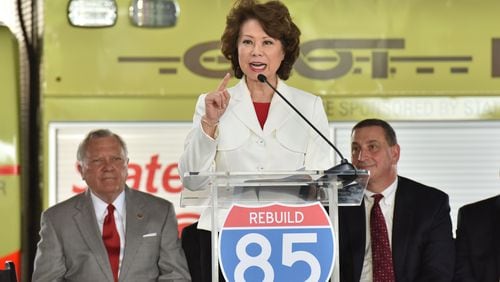 U.S. Secretary of Transportation Elaine Chao, seen here at a ceremony to reopen I-85 last year, visited Alpharetta Friday to highlight the federal government's $184 million commitment to the Ga. 400 toll lanes project. HYOSUB SHIN / HSHIN@AJC.COM