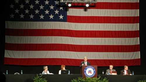 U.S. Sen. Johnny Isakson speaks at the 2013 Georgia GOP convention in Athens. JASON GETZ / JGETZ@AJC.COM