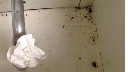 A roach and dirt are in the abandoned cabinet of a sink near the operating room at Augusta State Medical Prison. The sink was damaged by water when an air conditioning duct burst in mid-August.
