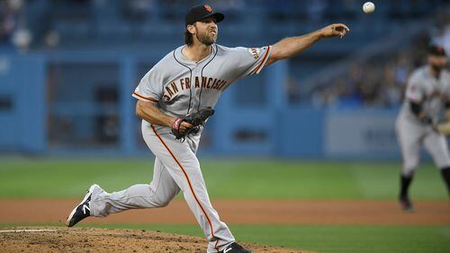Madison Bumgarner of the San Francisco Giants pitches against the Los Angeles Dodgers at Dodger Stadium on June 20, 2019 in Los Angeles. (Photo by John McCoy/Getty Images)