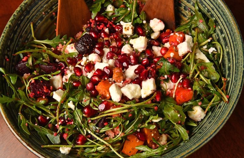 The toasted chickpeas in Butternut Squash, Beet, Couscous and Arugula Salad particularly delight Tatiana Gonzalez, who created this recipe. (Styling by Tatiana Gonzalez / Chris Hunt for the AJC)