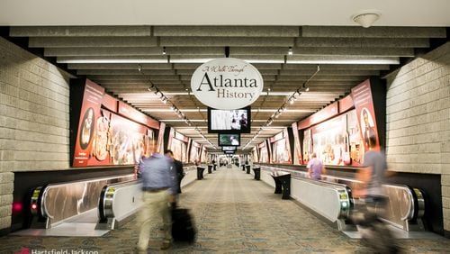 The transportation mall airport art exhibit “A Walk Through Atlanta History” between Concourses B and C at Hartsfield-Jackson.