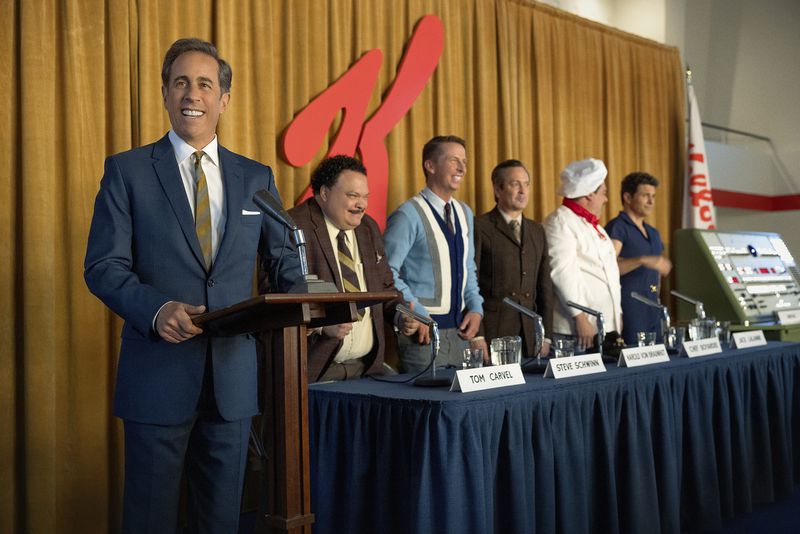 This image released by Netflix shows Jerry Seinfeld, from left, Adrian Martinez, Jack McBrayer, Thomas Lennon, Bobby Moynihan and James Marsden in a scene from "Unfrosted." (John P. Johnson/Netflix via AP)