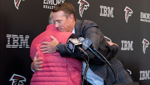 Former Falcons quarterback Matt Ryan (right) embraces team owner Arthur Blank before announcing his retirement at a press conference at the Falcons practice facility in Flowery Branch on Monday, April 22, 2024. (Arvin Temkar / arvin.temkar@ajc.com)