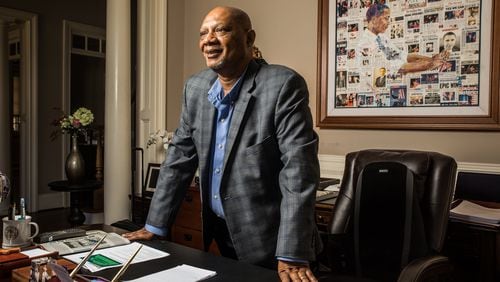 Bishop Reginald T. Jackson at his office in Atlanta on March 5, 2021. Jackson began a program to better prepare church members to participate in elections. He leads the Sixth District of the AME Church, which is part of a lawsuit filed this week against Georgia's new voting laws. (Matt Odom/The New York Times)
