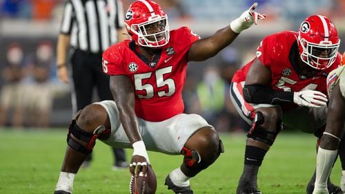 Georgia center Trey Hill (55) calls out protections during the Bulldogs' game with Florida Saturday, Nov. 7, 2020, in Jacksonville, Fla. (Matt Stamey/UGA Sports)
