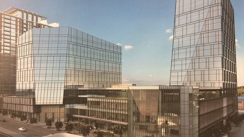 NCR and Cousins Properties are building a new headquarters for the financial technology company in Midtown. This rendering of the project shows a potential future second tower on the left. Rendering by Duda Paine Architects, HKS and Kimley-Horn