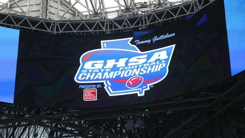 The GHSA Championship logo is shown on the halo board before the Class AAA State Championship between Cedar Grove and Peach County at Mercedes-Benz Stadium, Tuesday, December 11, 2018, in Atlanta. (Jason Getz/Special to the AJC)