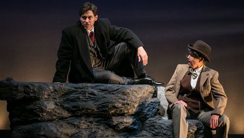 John Keabler (left) plays Sherlock Holmes opposite Lala Cochran as Dr. Watson in the farcical mystery "Baskerville," continuing through Dec. 19 at Theatrical Outfit.
Courtesy of Casey Ford Photography