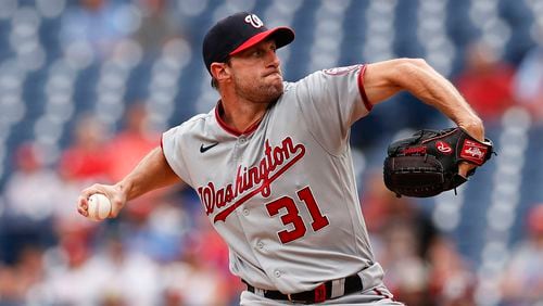 Max Scherzer of the Washington Nationals throws in the first inning against the Philadelphia Phillies on Thursday, July 29, 2021 at Citizens Bank Park in Philadelphia, Pennsylvania. (Yong Kim/The Philadelphia Inquirer/TNS)