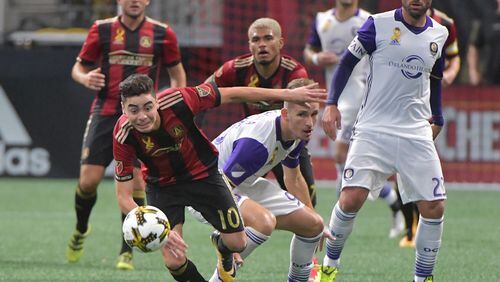 September 16, 2017 Atlanta - Atlanta United midfielder Miguel Almiron (10) goes to the ball in the second half of an MLS soccer match at the Mercedes-Benz Stadium on Saturday, September 16, 2017. HYOSUB SHIN / HSHIN@AJC.COM