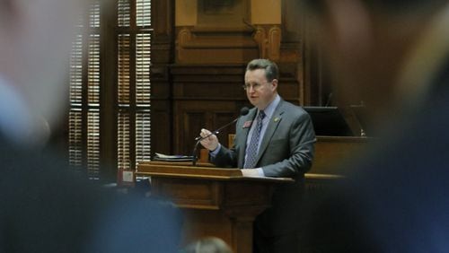 Mar. 1 2017 - Atlanta - Rep. Kevin Tanner, chief sponsor of House Bill 338, explains his legislation on the House floor Wednesday when it was approved by a wide margin. Legislation seeks to turn around low-performing schools in Georgia. The 27th legislative day of the 2017 Georgia General Assembly. BOB ANDRES /BANDRES@AJC.COM