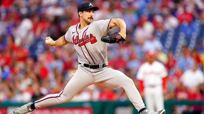 Atlanta Braves' Spencer Strider pitches during the first inning of a baseball game against the Philadelphia Phillies, Tuesday, July 26, 2022, in Philadelphia. (AP Photo/Matt Slocum)