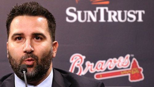 Braves  GM Alex Anthopoulos takes questions during a press conference introducing him  on  Nov. 13.