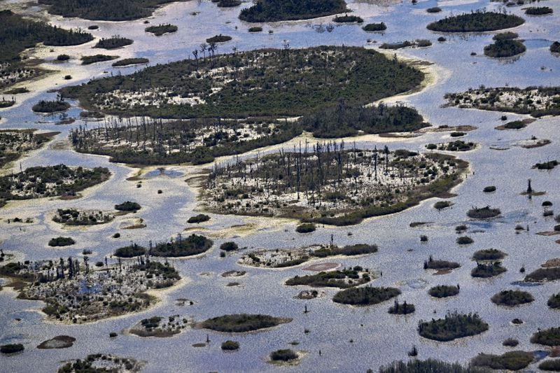 Aerial photograph shows the Okefenokee Swamp, Tuesday, Mar. 19, 2024, in Folkston. Last month, the Georgia Environmental Protection Division (EPD) released draft permits to Twin Pines Minerals for a 582-acre mine that would extract titanium and other minerals from atop the ancient sand dunes on the swamp’s eastern border, which holds water in the refuge. (Hyosub Shin / Hyosub.Shin@ajc.com)