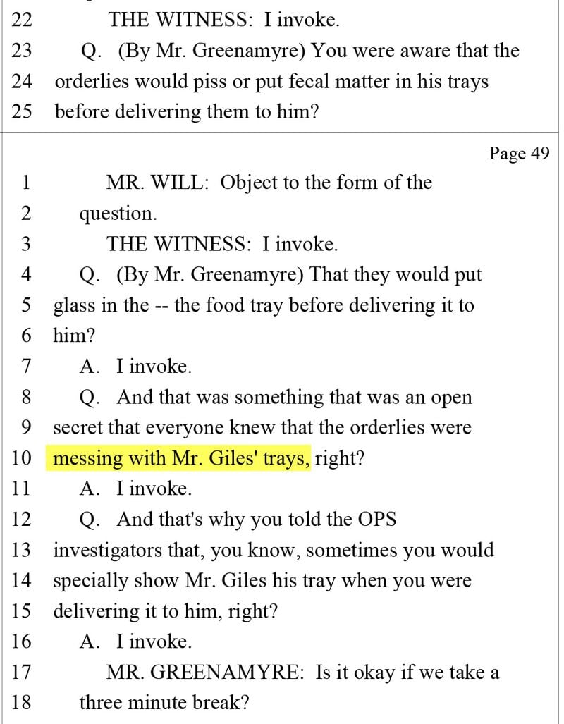 In this July 2023 deposition with guard Robert Roberson, Roberson takes the Fifth when asked whether inmate Thomas Henry Giles' food trays were routinely tampered with. (Georgia Department of Corrections)