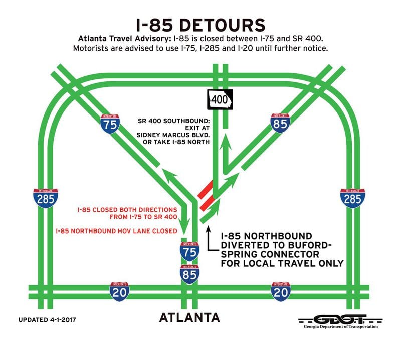 The Georgia Department of Transportation released an update map of I-85 alternative routes and detours on Saturday. Part of I-85 north has reopened up to the Buford-Spring Connector Saturday after a fire took down a portion of I-85 near Piedmont Road Thursday evening.