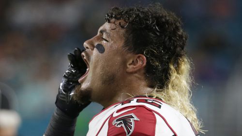 Atlanta Falcons outside linebacker Duke Riley (42) yells from the sidelines, during the second half of an NFL preseason football game against the Miami Dolphins, Thursday, Aug. 10, 2017, in Miami Gardens, Fla. (AP Photo/Lynne Sladky)