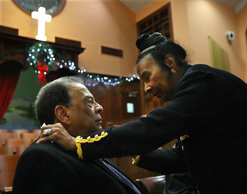 Ambassador Andrew Young and Xernona Clayton embrace at the conclusion of a Chick-fil-A Peach Bowl tour of the Martin Luther King Jr. National Historic Site to hear first-hand accounts from Civil Rights leaders at the Historic Ebenezer First Baptist Church on Tuesday, Dec. 27, 2016, in Atlanta.
