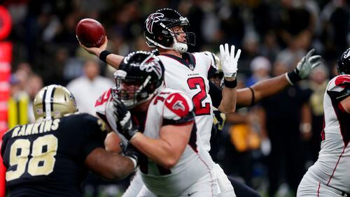 Falcons quarterback Matt Ryan finds the going a little more cluttered this season, compared to 2016. (AP Photo/Butch Dill)