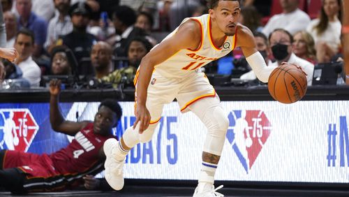 Hawks guard Trae Young and his teammates are scheduled to travel to Abu Dhabi during the preseason. (AP Photo/Wilfredo Lee)