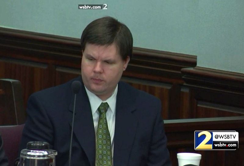 Justin Ross Harris listens to the cross examination of his ex-wife Leanna Taylor during his murder trial at the Glynn County Courthouse in Brunswick, Ga., on Monday, Oct. 31, 2016. (screen capture via WSB-TV)