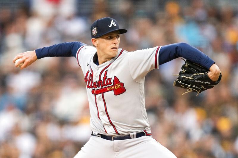 Atlanta Braves starting pitcher Kyle Wright delivers during the first inning of a baseball game against the San Diego Padres in San Diego, Friday, April 15, 2022. (AP Photo/Kyusung Gong)