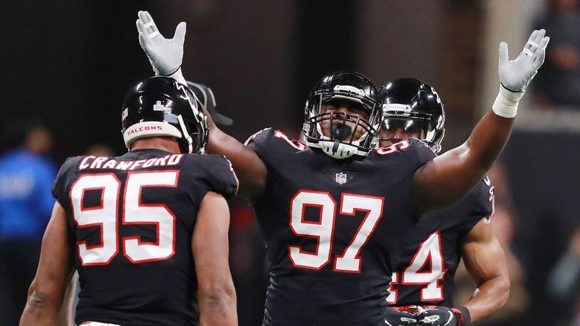 Atlanta Falcons defensive tackle Grady Jarrett reacts after sacking New York Giants Eli Manning during the first quarter  Monday, Oct. 22, 2018, in Atlanta.