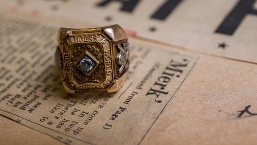 Ed Mierkowicz's 1945 World Series championship ring rests on an old newspaper article about him.
